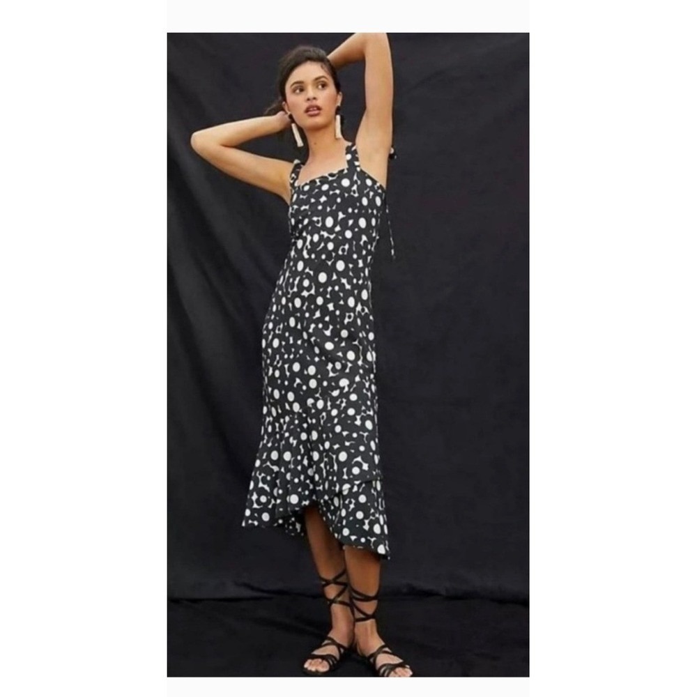 Hutch Polka Dot Midi Dress Women SP Black White Excellent Tie Shoulder Ruffle